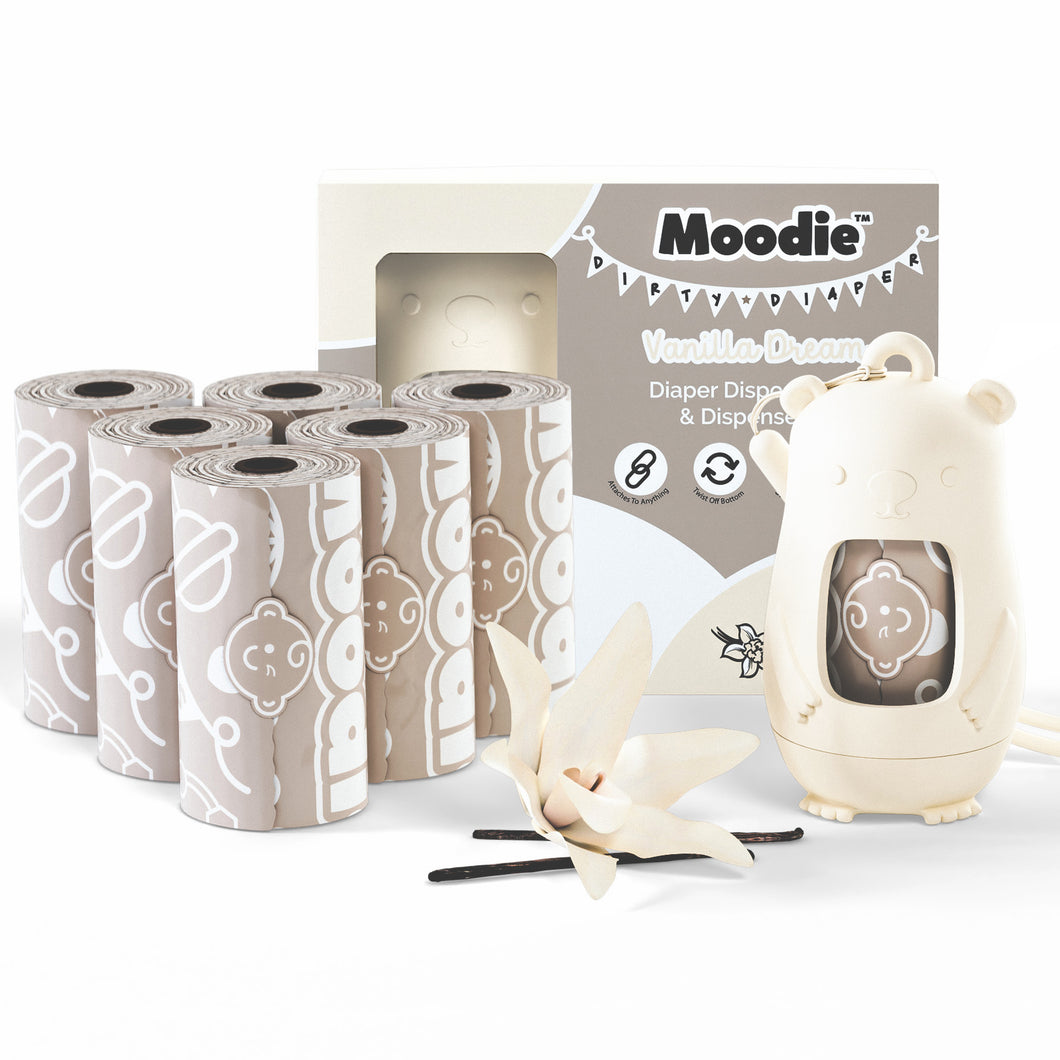 Teddy Bear Disposable Diaper Bags Dispenser COMBO PACK | 105 VANILLA SCENTED Baby Poop Bags TOTAL & 1x Dispenser (VANILLA DREAM)